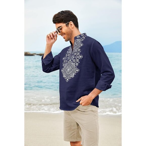 Men's Blue Shirt Long Sleeve Floral Print Casual Cotton Beach Hippie  T Shirt - Picture 3 of 9